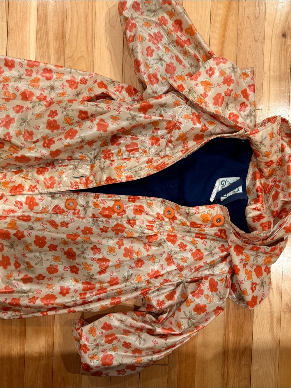Gustin Cream Raincoat with Orange Floral Print and Navy Lining